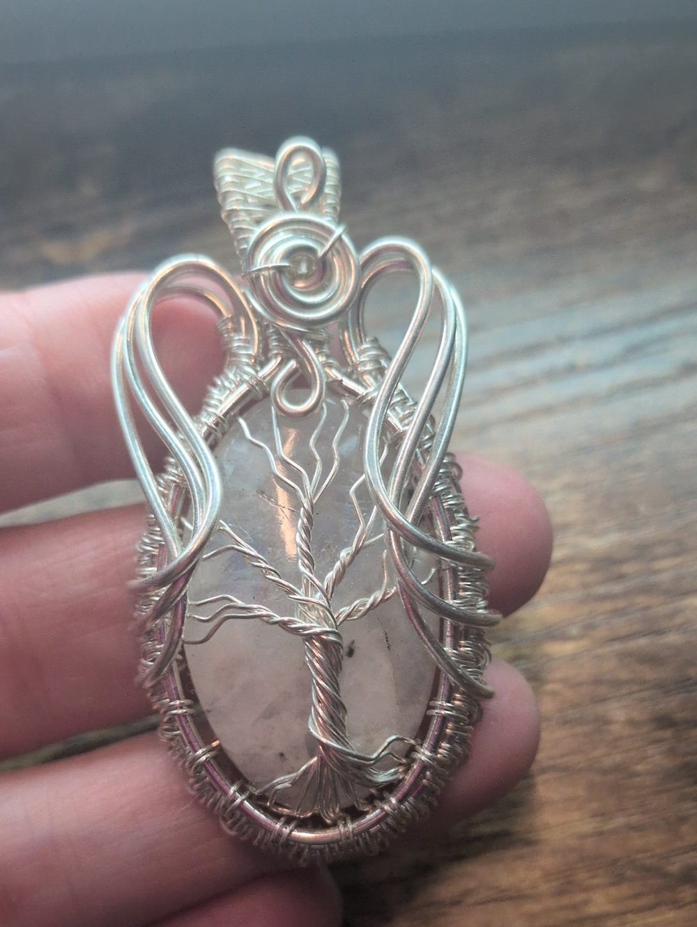 Handcrafted Silver Wire Wrapped Moonstone Tree of Life Pendant - Pink